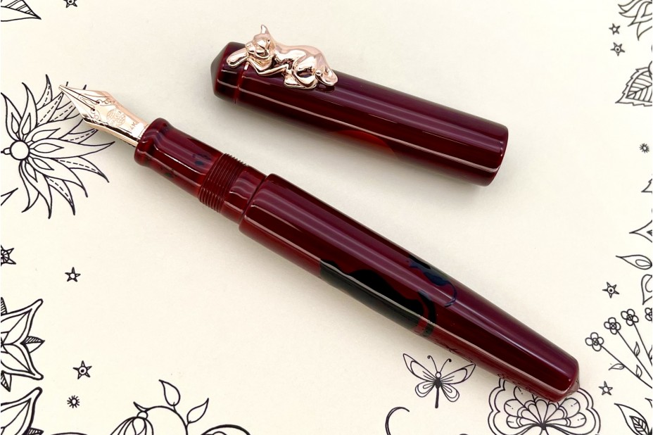 Nakaya Piccolo Long Writer Enjoying the Moon Cat Fountain Pen fitted with Rosegold Cat Stopper