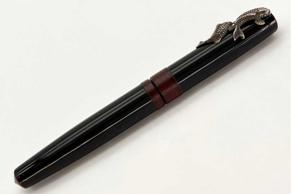 Nakaya Piccolo Long Writer Kuro-Tamenuri String-Rolled Model Fountain Pen with Silver Carp (Koi) Stopper