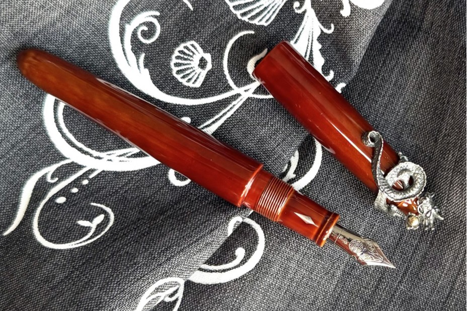 Nakaya Portable Writer Tasogare-nuri in Brown Gold Zo-gan Fountain Pen with Fumigated Dragon & Jewel Stopper